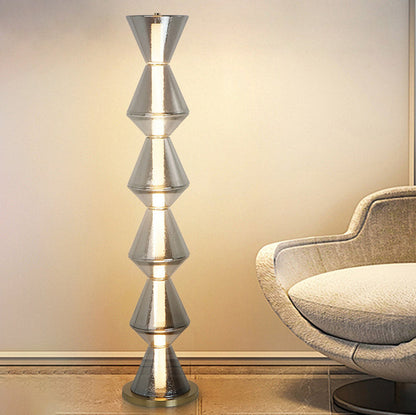Contemporary Nordic Iron Geometric Cone-Stacked Water Ripple Glass LED Standing Floor Lamp For Bedroom