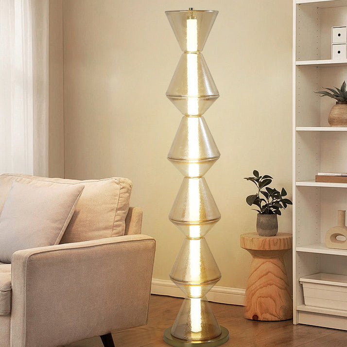 Contemporary Nordic Iron Geometric Cone-Stacked Water Ripple Glass LED Standing Floor Lamp For Bedroom