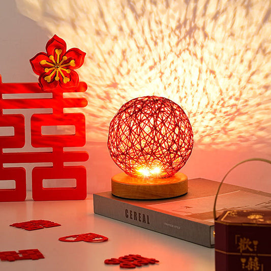 Traditional Chinese Red Rattan Ball Shade LED Night Light Table Lamp For Bedroom