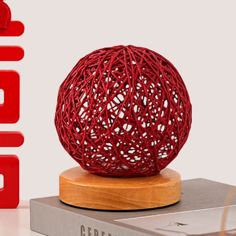 Traditional Chinese Red Rattan Ball Shade LED Night Light Table Lamp For Bedroom