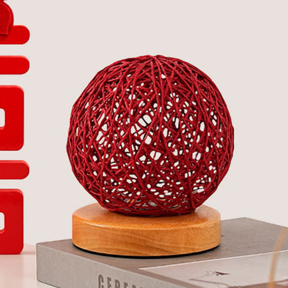 Traditional Chinese Red Rattan Ball Shade LED Night Light Table Lamp For Bedroom