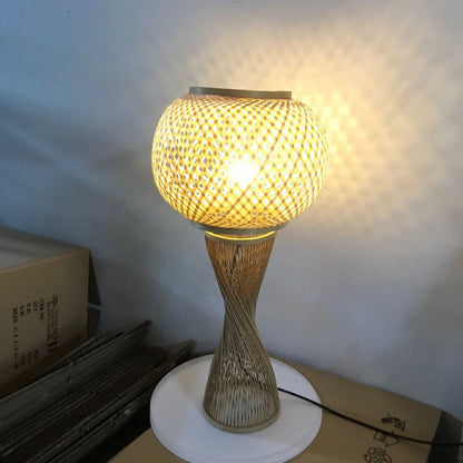 Traditional Vintage Rattan Weaving Cage Bamboo 1-Light Table Lamp For Bedroom