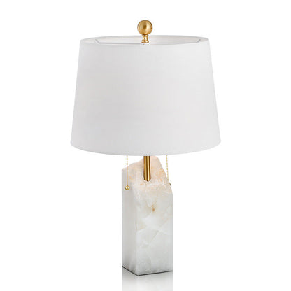 Modern Luxury Fabric Tapered Shade Raw White Alabaster Base 1-Light Table Lamp For Bedroom