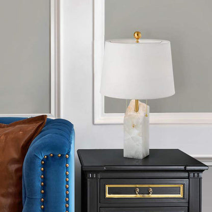 Modern Luxury Fabric Tapered Shade Raw White Alabaster Base 1-Light Table Lamp For Bedroom