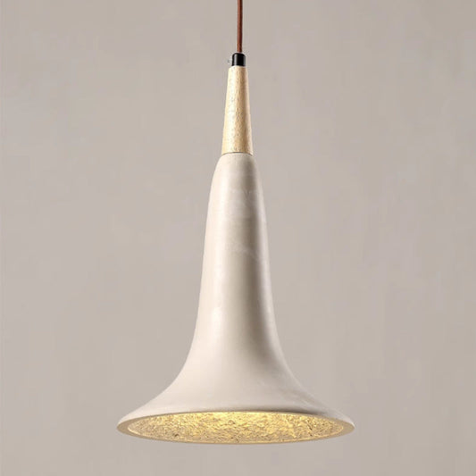 Traditional Japanese Solid Wood Concrete Trumpet Shade 1-Light Pendant Light For Living Room