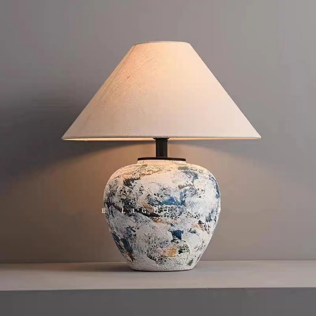 Traditional Japanese Fabric Tapered Shade Handmade Ceramic Jar 1-Light Table Lamp For Bedroom