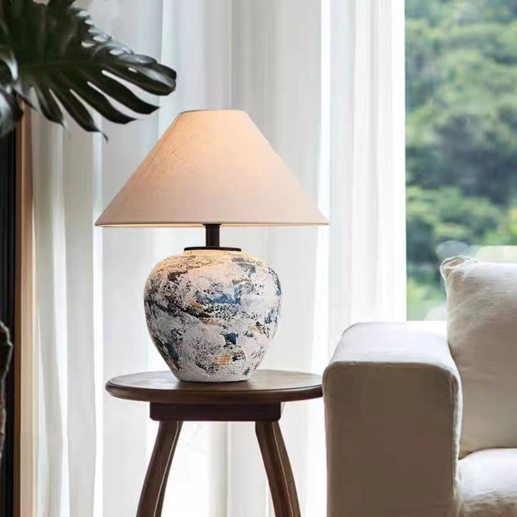 Traditional Japanese Fabric Tapered Shade Handmade Ceramic Jar 1-Light Table Lamp For Bedroom