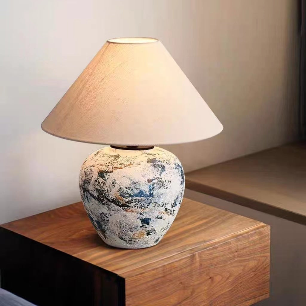 Traditional Japanese Fabric Tapered Shade Handmade Ceramic Jar 1-Light Table Lamp For Bedroom