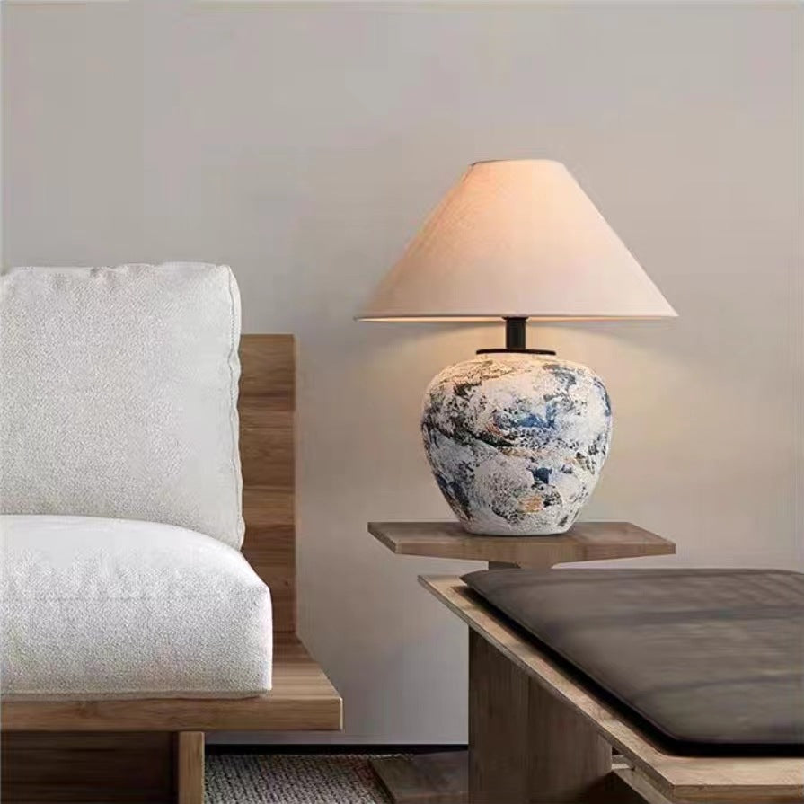 Traditional Japanese Fabric Tapered Shade Handmade Ceramic Jar 1-Light Table Lamp For Bedroom