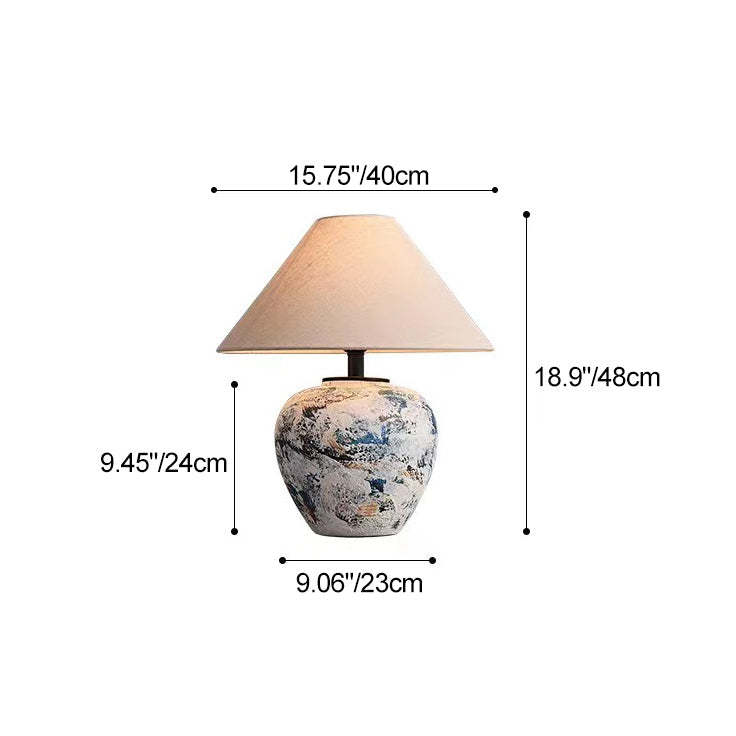 Traditional Japanese Fabric Tapered Shade Handmade Ceramic Jar 1-Light Table Lamp For Bedroom