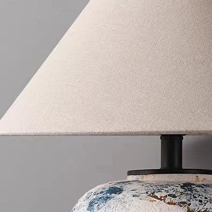 Traditional Japanese Fabric Tapered Shade Handmade Ceramic Jar 1-Light Table Lamp For Bedroom