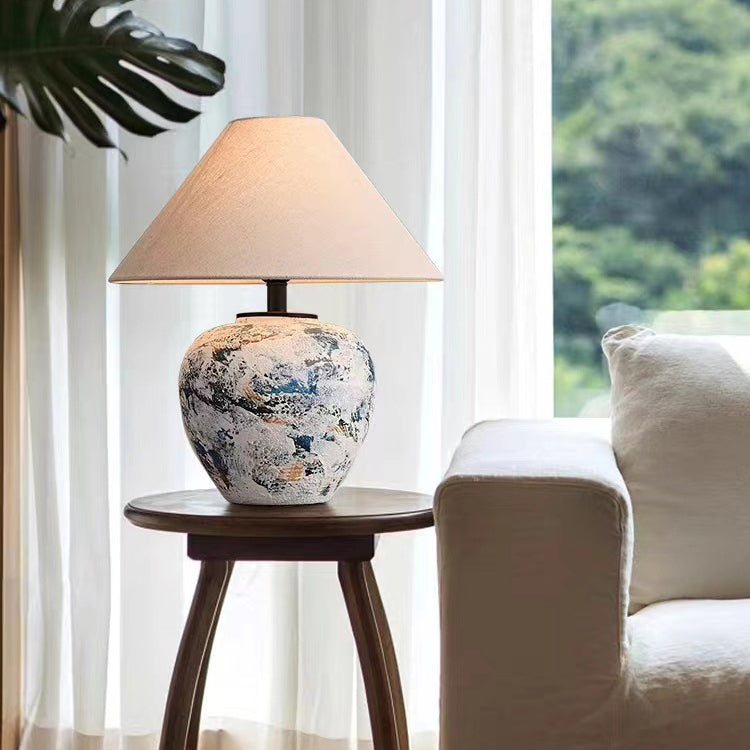 Traditional Japanese Fabric Tapered Shade Handmade Ceramic Jar 1-Light Table Lamp For Bedroom