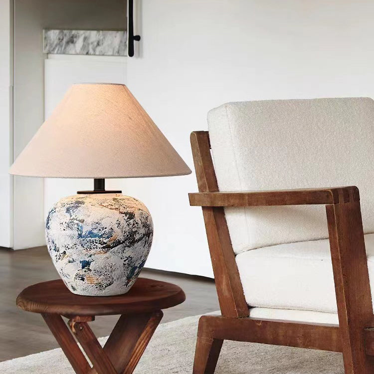 Traditional Japanese Fabric Tapered Shade Handmade Ceramic Jar 1-Light Table Lamp For Bedroom