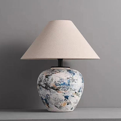 Traditional Japanese Fabric Tapered Shade Handmade Ceramic Jar 1-Light Table Lamp For Bedroom