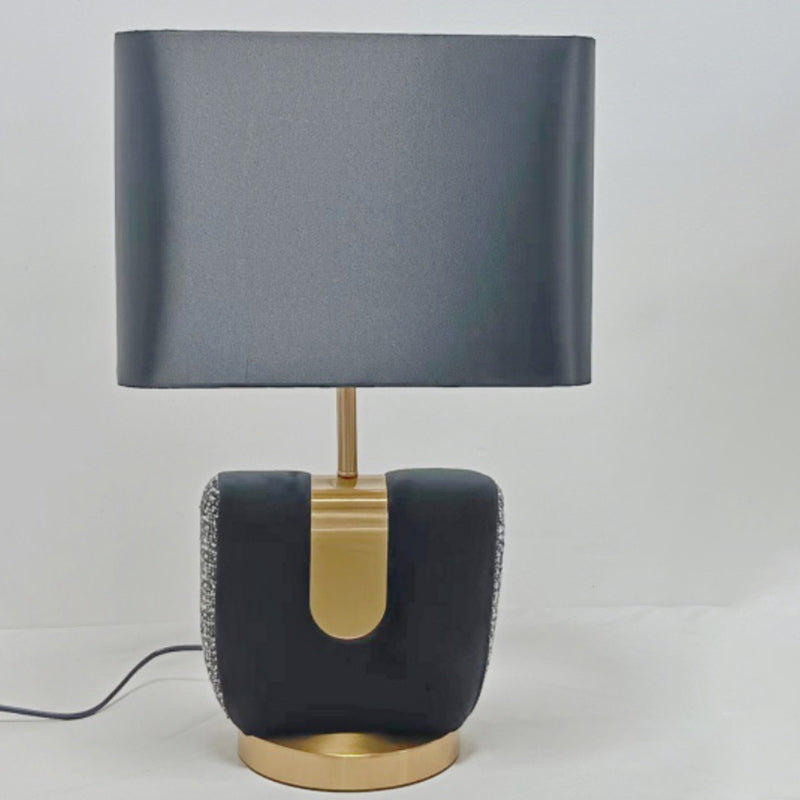 Modern Eclectic Fabric Square Shade Leather Iron 1-Light Table Lamp For Bedroom