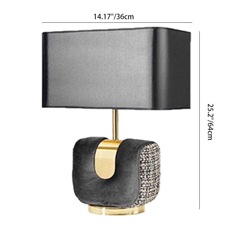 Modern Eclectic Fabric Square Shade Leather Iron 1-Light Table Lamp For Bedroom