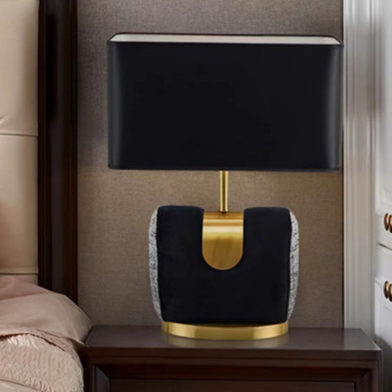 Modern Eclectic Fabric Square Shade Leather Iron 1-Light Table Lamp For Bedroom