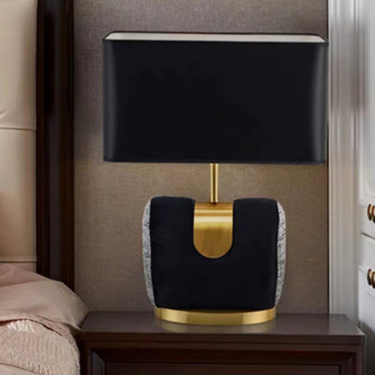 Modern Eclectic Fabric Square Shade Leather Iron 1-Light Table Lamp For Bedroom