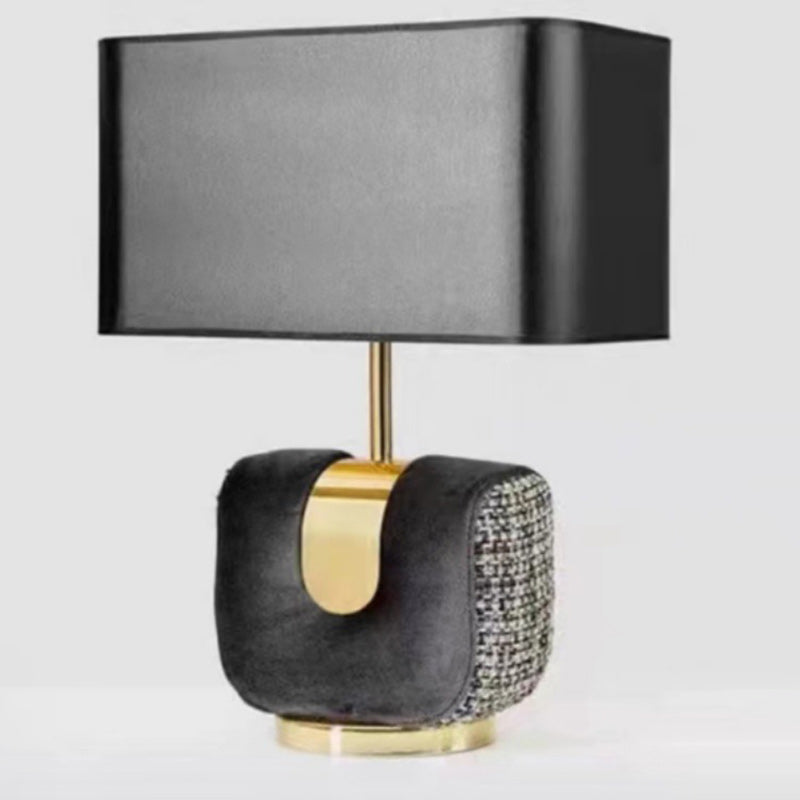 Modern Eclectic Fabric Square Shade Leather Iron 1-Light Table Lamp For Bedroom
