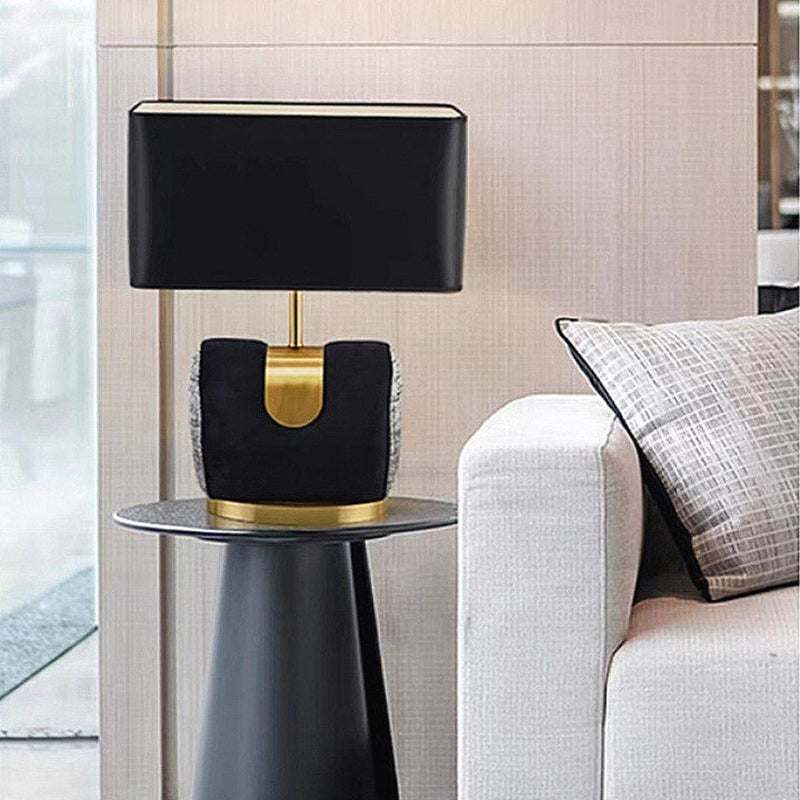 Modern Eclectic Fabric Square Shade Leather Iron 1-Light Table Lamp For Bedroom