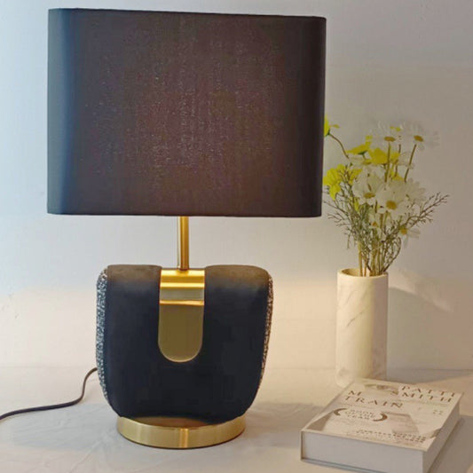 Modern Eclectic Fabric Square Shade Leather Iron 1-Light Table Lamp For Bedroom