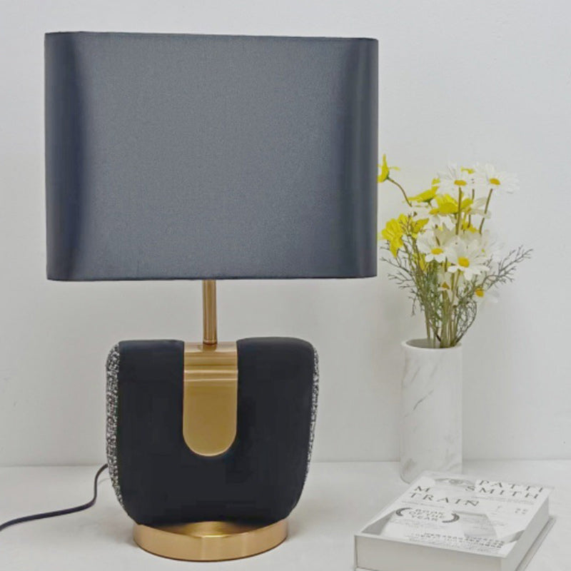 Modern Eclectic Fabric Square Shade Leather Iron 1-Light Table Lamp For Bedroom