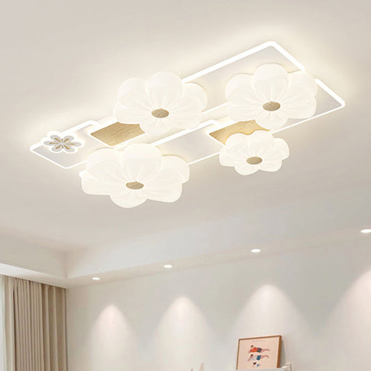 Modern Art Deco Flower PE Rectangular Shade Hardware LED Flush Mount Ceiling Light For Living Room
