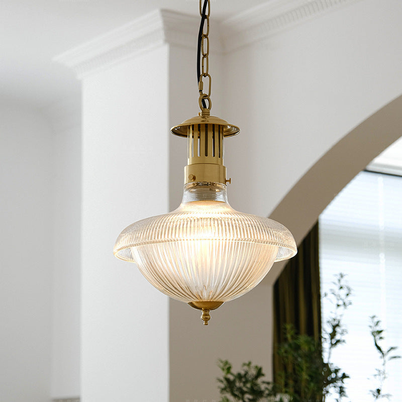 Contemporary Industrial Ribbed Glass Funnel Shade Iron 1-Light Pendant Light For Bedroom