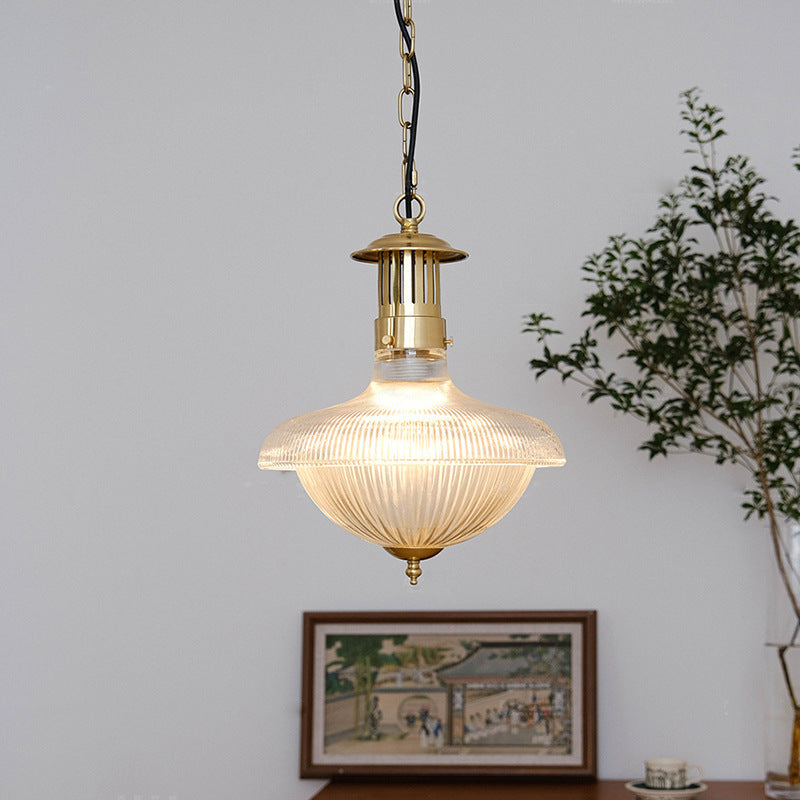 Contemporary Industrial Ribbed Glass Funnel Shade Iron 1-Light Pendant Light For Bedroom