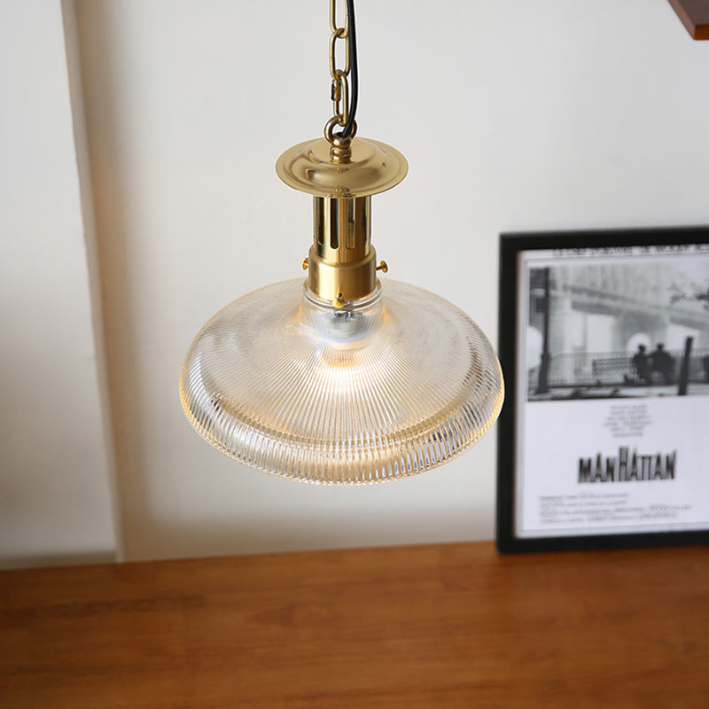 Contemporary Industrial Ribbed Glass Funnel Shade Iron 1-Light Pendant Light For Bedroom