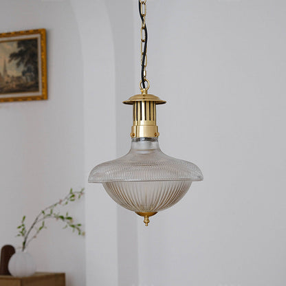 Contemporary Industrial Ribbed Glass Funnel Shade Iron 1-Light Pendant Light For Bedroom