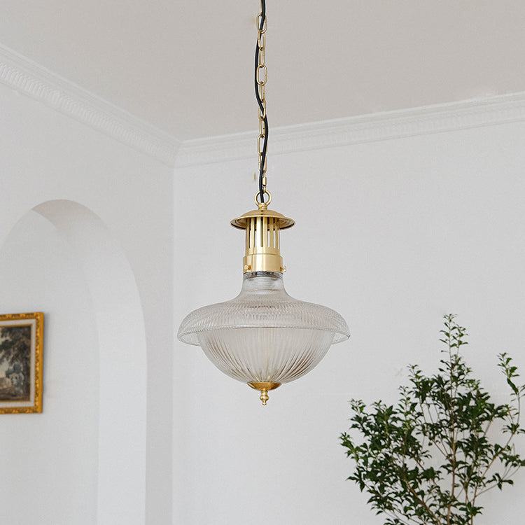 Contemporary Industrial Ribbed Glass Funnel Shade Iron 1-Light Pendant Light For Bedroom