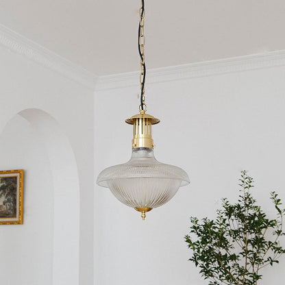Contemporary Industrial Ribbed Glass Funnel Shade Iron 1-Light Pendant Light For Bedroom