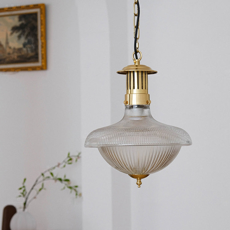 Contemporary Industrial Ribbed Glass Funnel Shade Iron 1-Light Pendant Light For Bedroom