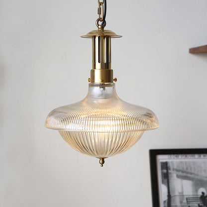 Contemporary Industrial Ribbed Glass Funnel Shade Iron 1-Light Pendant Light For Bedroom
