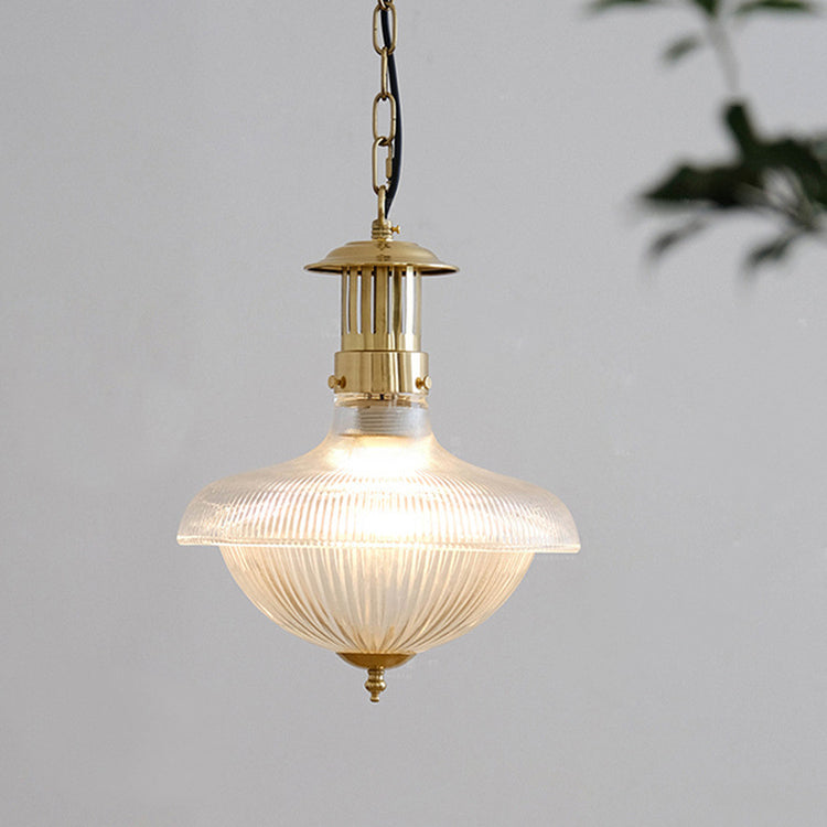 Contemporary Industrial Ribbed Glass Funnel Shade Iron 1-Light Pendant Light For Bedroom