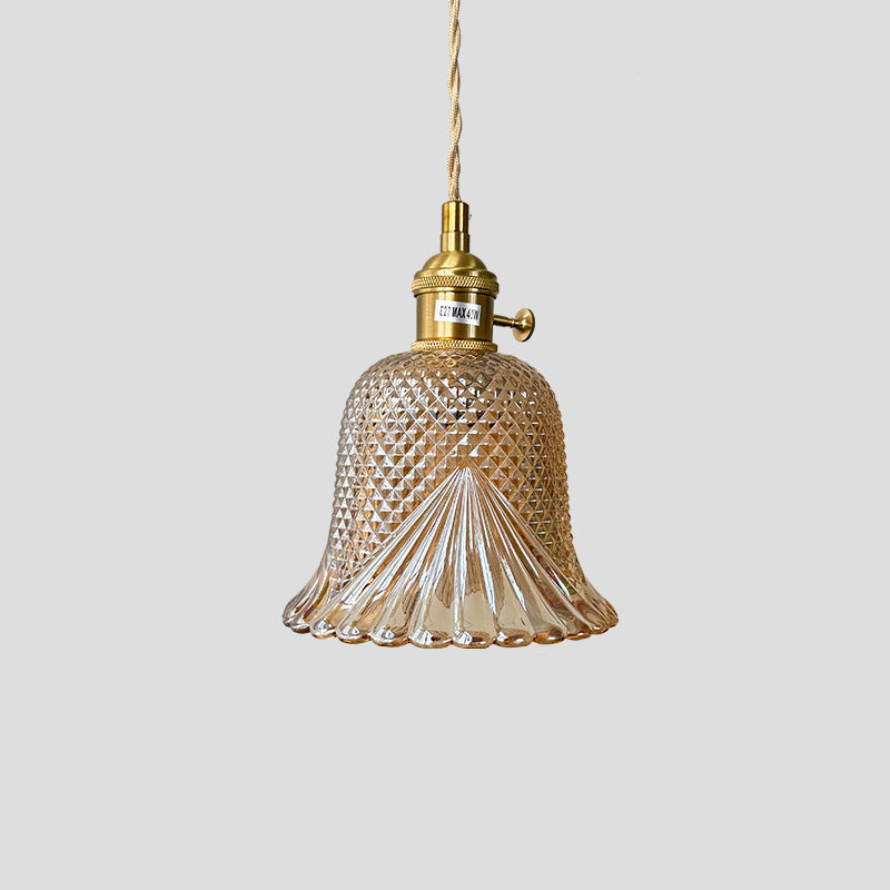 Contemporary Retro Checkered Glass Flower Shade Brass Solid Wood 1-Light Pendant Light For Bedroom