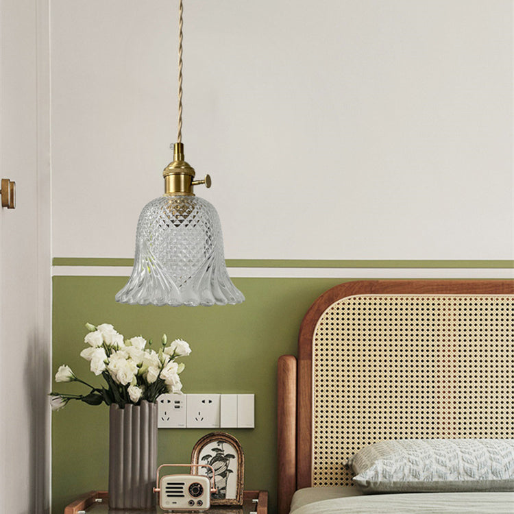 Contemporary Retro Checkered Glass Flower Shade Brass Solid Wood 1-Light Pendant Light For Bedroom