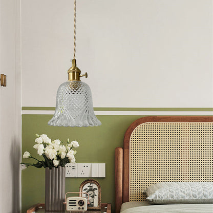 Contemporary Retro Checkered Glass Flower Shade Brass Solid Wood 1-Light Pendant Light For Bedroom