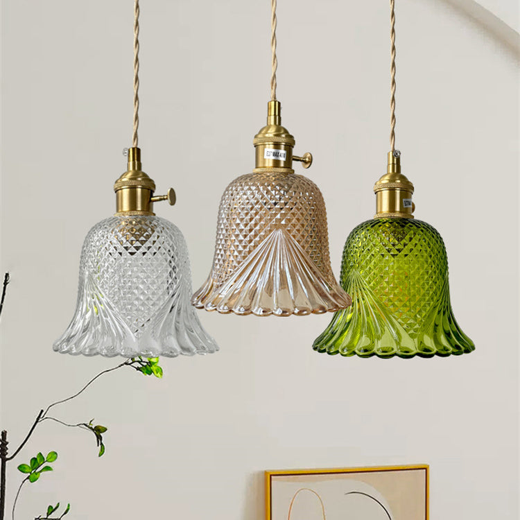 Contemporary Retro Checkered Glass Flower Shade Brass Solid Wood 1-Light Pendant Light For Bedroom