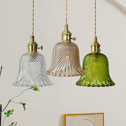Contemporary Retro Checkered Glass Flower Shade Brass Solid Wood 1-Light Pendant Light For Bedroom