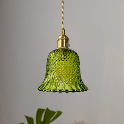 Contemporary Retro Checkered Glass Flower Shade Brass Solid Wood 1-Light Pendant Light For Bedroom