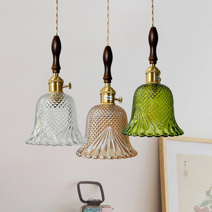 Contemporary Retro Checkered Glass Flower Shade Brass Solid Wood 1-Light Pendant Light For Bedroom
