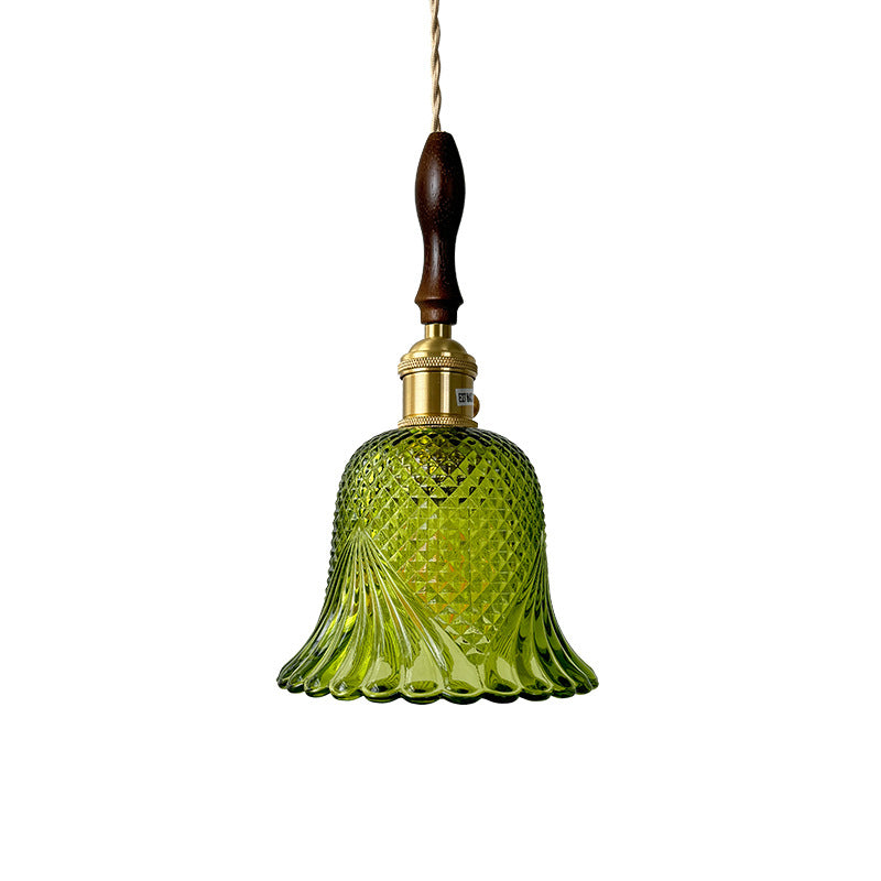 Contemporary Retro Checkered Glass Flower Shade Brass Solid Wood 1-Light Pendant Light For Bedroom