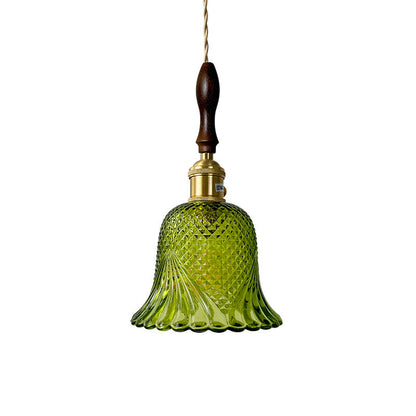 Contemporary Retro Checkered Glass Flower Shade Brass Solid Wood 1-Light Pendant Light For Bedroom