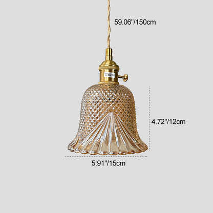 Contemporary Retro Checkered Glass Flower Shade Brass Solid Wood 1-Light Pendant Light For Bedroom