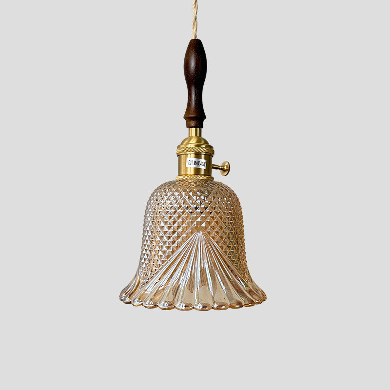 Contemporary Retro Checkered Glass Flower Shade Brass Solid Wood 1-Light Pendant Light For Bedroom