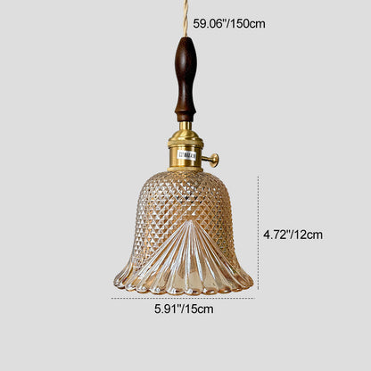 Contemporary Retro Checkered Glass Flower Shade Brass Solid Wood 1-Light Pendant Light For Bedroom