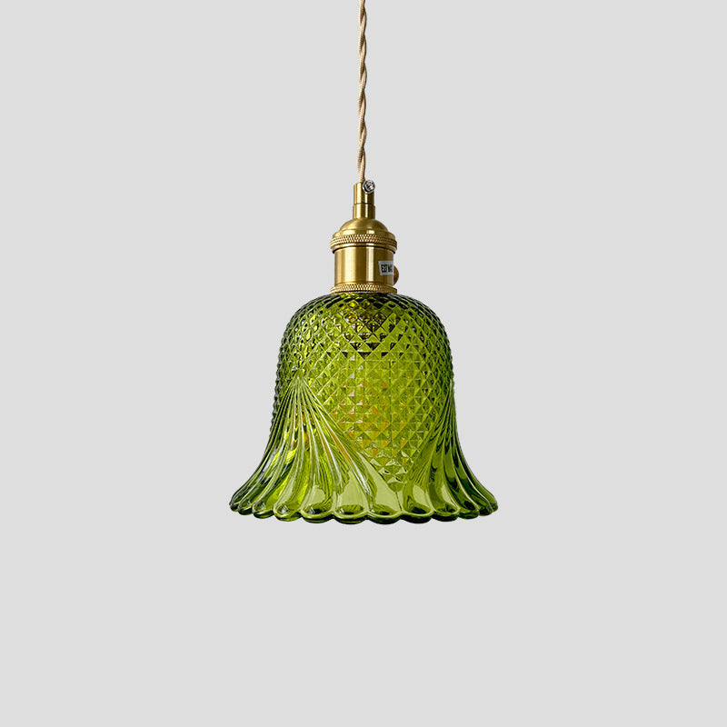 Contemporary Retro Checkered Glass Flower Shade Brass Solid Wood 1-Light Pendant Light For Bedroom