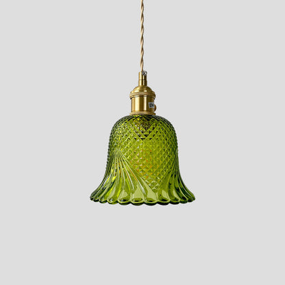 Contemporary Retro Checkered Glass Flower Shade Brass Solid Wood 1-Light Pendant Light For Bedroom